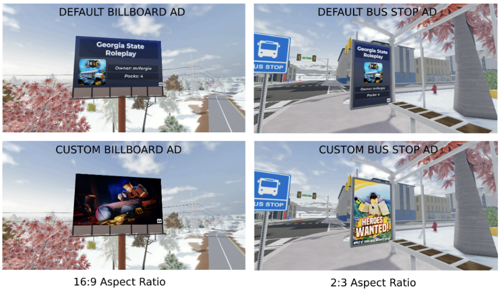 Advertisement examples showing default and custom billboard and bus stop ads with different aspect ratios